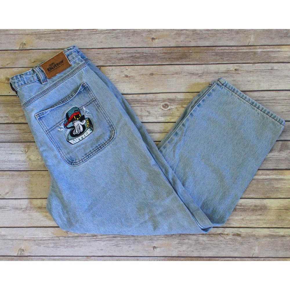 Butter Goods Baggy Fit Jeans Mens 32 x 27 Light Blue Embroidered Wide Leg Skate
